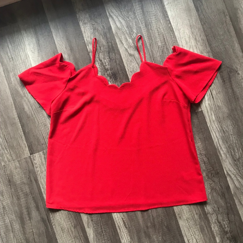 Red Off-Shoulder Top with Scallop Neckline